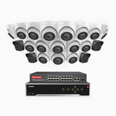 H500 - Kit de surveillance PoE 5MP à 32 canaux avec 4 caméras bullet et 16 caméras tourelle, Vision nocturne Infrarouge 2.0, Microphone intégré, Fente pour carte SD, Fonctionne avec Alexa, Switch PoE 16 ports inclus